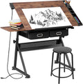 SUPER DEAL Drafting Table Set with Charging Station, Height Adjustable Tilting Drawing Desk Artist Desk with Stool Multifunctional Art Craft Workstation with 2 Storage Drawers for Home Office School