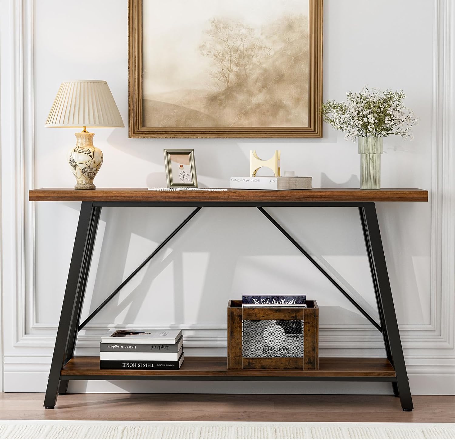 GAZHOME Console Table with Storage Shelf - Industrial Style Sofa Table Behind Couch for Living Room & Entryway, Rustic Brown,53.1 Inch
