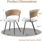 Rattan Dining Chairs Set of 4,Farmhouse Upholstered Teddy Cushion with PE Cane Round Back Kitchen Chair,Mid Century Modern Dining Room Chair with Black Metal for Kitchen,White