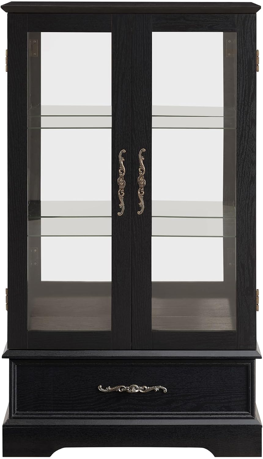 47" Lighted Glass Accent Curio Cabinet, 3-Tier Antique Storage Cage with Adjustable Shelves & Drawer, Acrylic Mirrored Pane, Light Blub Included, Small China Cabinet for Living Room/Kitchen (Black)