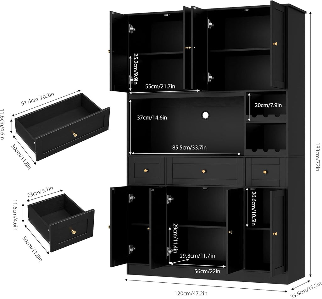 BOTLOG 72" Tall Black Pantry Cabinet with Wine Rack, Microwave Stand | Kitchen Hutch with 8 Doors and 3 Drawers for Dining Room Kitchen, Home Bar Black