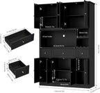 BOTLOG 72" Tall Black Pantry Cabinet with Wine Rack, Microwave Stand | Kitchen Hutch with 8 Doors and 3 Drawers for Dining Room Kitchen, Home Bar Black