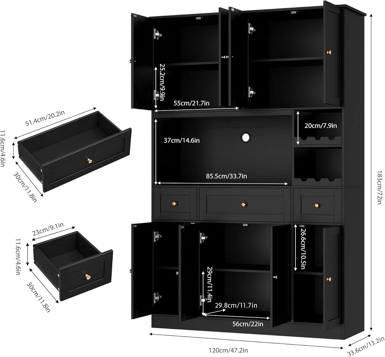 BOTLOG 72" Tall Black Pantry Cabinet with Wine Rack, Microwave Stand | Kitchen Hutch with 8 Doors and 3 Drawers for Dining Room Kitchen, Home Bar Black