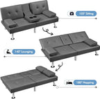 Yaheetech Convertible Futon Sofa Bed Loveseat with Cup Holder, Gray | 3 Angles Sofa, Recliner Chair, Bed, Compact Faux Leather Love Seat for Living Room, Guest Room, Dorm, Small Apartment