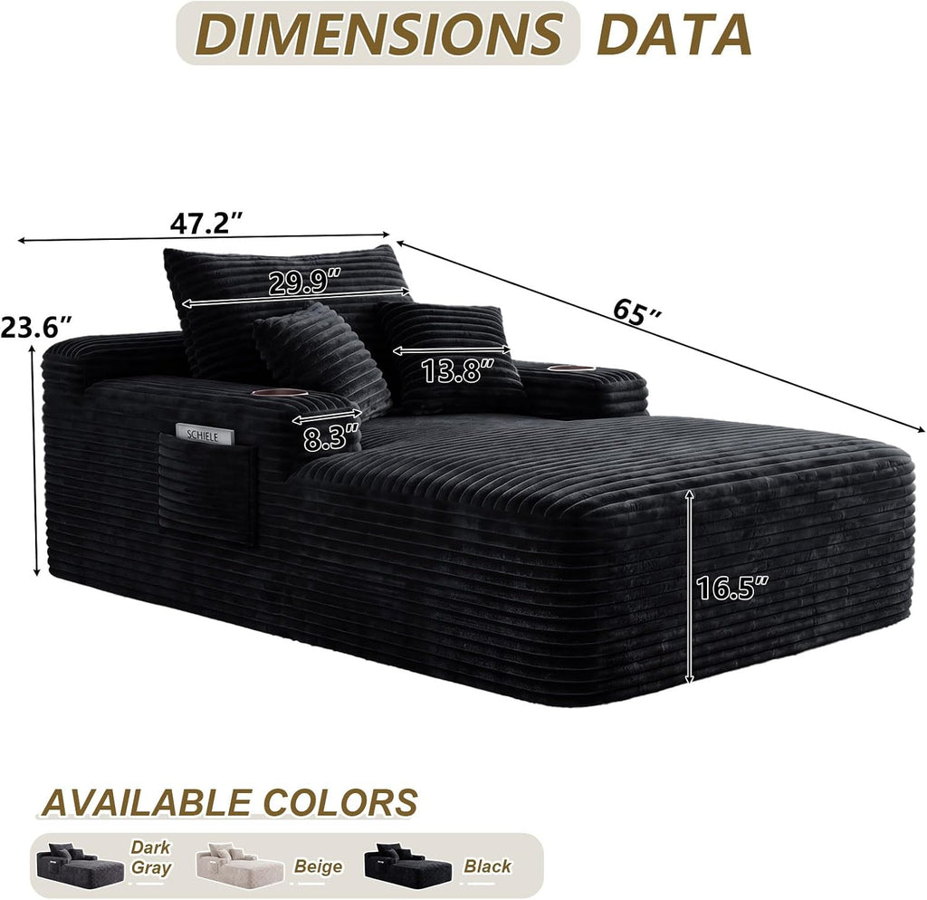65" L Oversized Chaise Lounge Chair Indoor,Comfy Reading Chair with Cup Holder & Side Pockets,Corduroy Fabric Single Cloud Sofa Chair for Living Room & Bedroom,No Assembly, Black