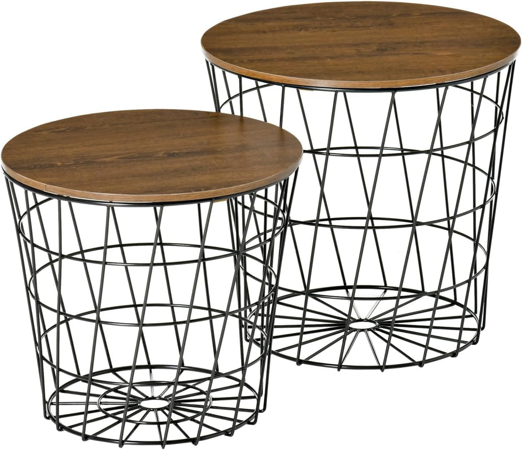 Nesting Tables Set of 2 with Storage, Round Accent Side Tables for Living Room and Bedroom