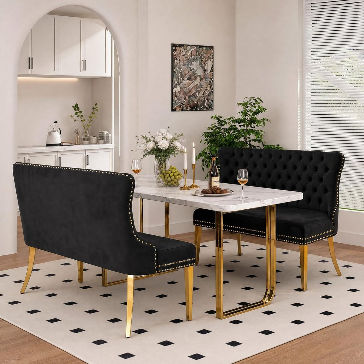Velvet Dining Loveseat Bench with Wing Back, 2-Seat Tufted Bench with Gold Stainless Steel Legs, Mid-Century Modern Dining Bench with Back, Indoor Velvet Bench for Kitchen, Dining Room, Entryway