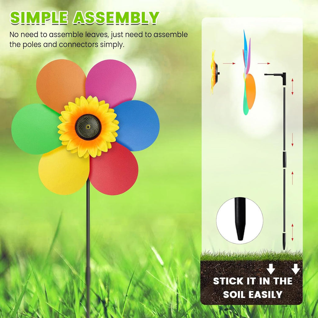 6PCS Sunflower Wind Spinners with Stakes 14" W x 29" H Wind Spinners Lawn Pinwheel Rainbow Windmill Outdoor Pinwheels for Yard Decoration（Rainbowcolors）