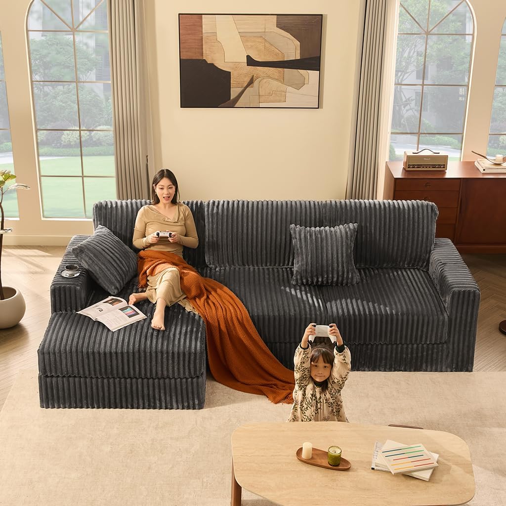 GOSUHI 113" L-Shaped Cloud Couch, Modular Sectional, Deep Seats, Grey | Pocket Spring Cushions, Oversized 3-Seater, Left Facing Chaise, Corduroy Upholstery Couches for Living Room