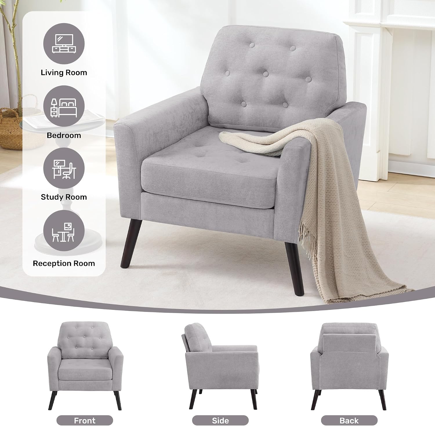 Accent Chair Set of 2, Mid Century Modern Living Room Chairs, Upholstered Armchair with Tufted Back & Wood Legs, Single Sofa Reading Side Chair for Bedroom Office Waiting Room, Light Grey