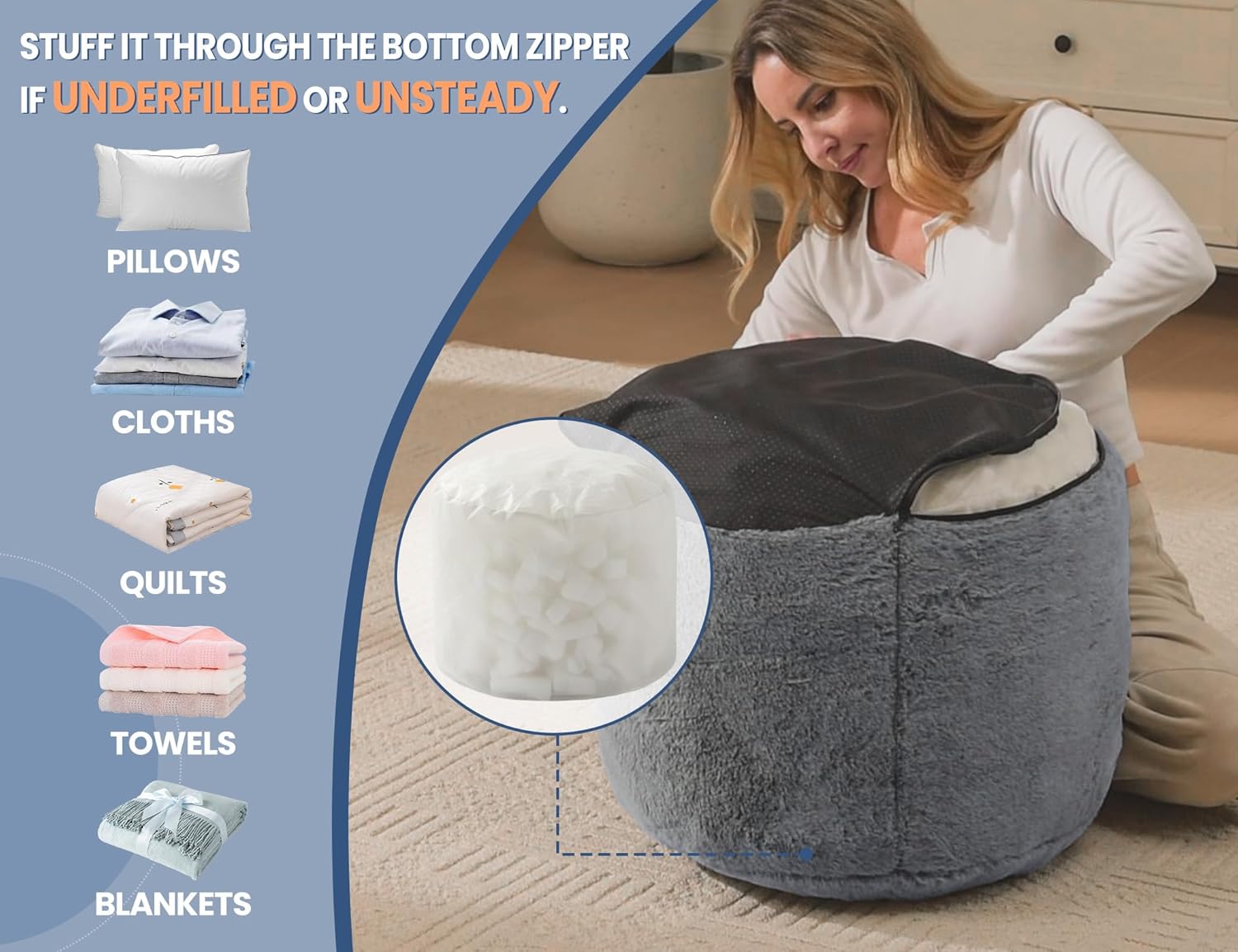 WSOFRLAC Round Pouf Ottoman, Small Poofy Ottoman, Foot Stools Ottomans, Foot Rest for Couch, Furry Poufs for LivingRoom, Hassocks and Ottomans Soft for Chair, Memory Foam Filling-Dark Grey 20x15