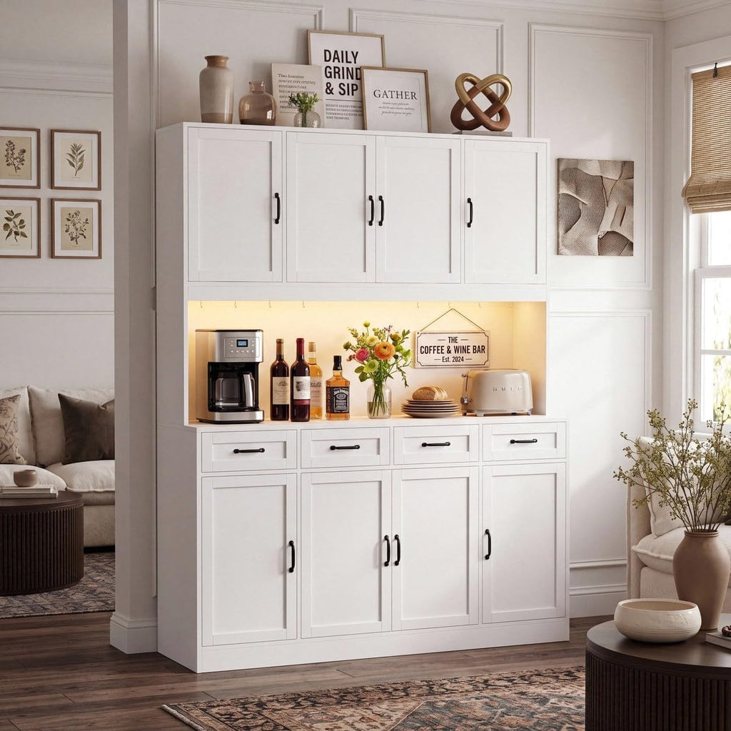 HITHOS 73" Tall Kitchen Pantry Storage Cabinet, Large Charging Hutch, White | Wood Kitchen Pantry Cabinet with Charging Station, Kitchen Hutch Storage Cabinet with Countertop, Food Pantry with LED Light
