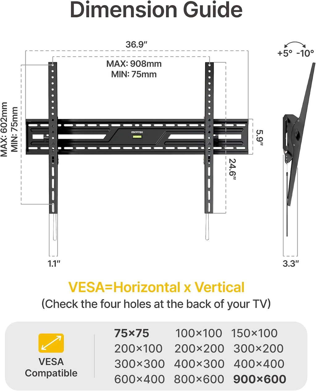 monTEK Heavy Duty Tilting TV Wall Mount for 50-100 Inch TVs up to 220lbs | 4X Safety Tested, 15° Tilt, Fits 16/18/24" Wood Studs, Max VESA 900x600mm, Living Room, Bedroom, Home Theater, Commercial Use