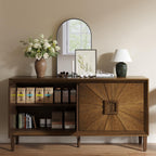 Large Buffet Sideboard Cabinet with Storage,60" Modern Cedenzas Buffet Table American Farmhouse Charm Cabinet with 4 Symmetrical Sunburst Doors for Living Room Hallway, Antique Brown