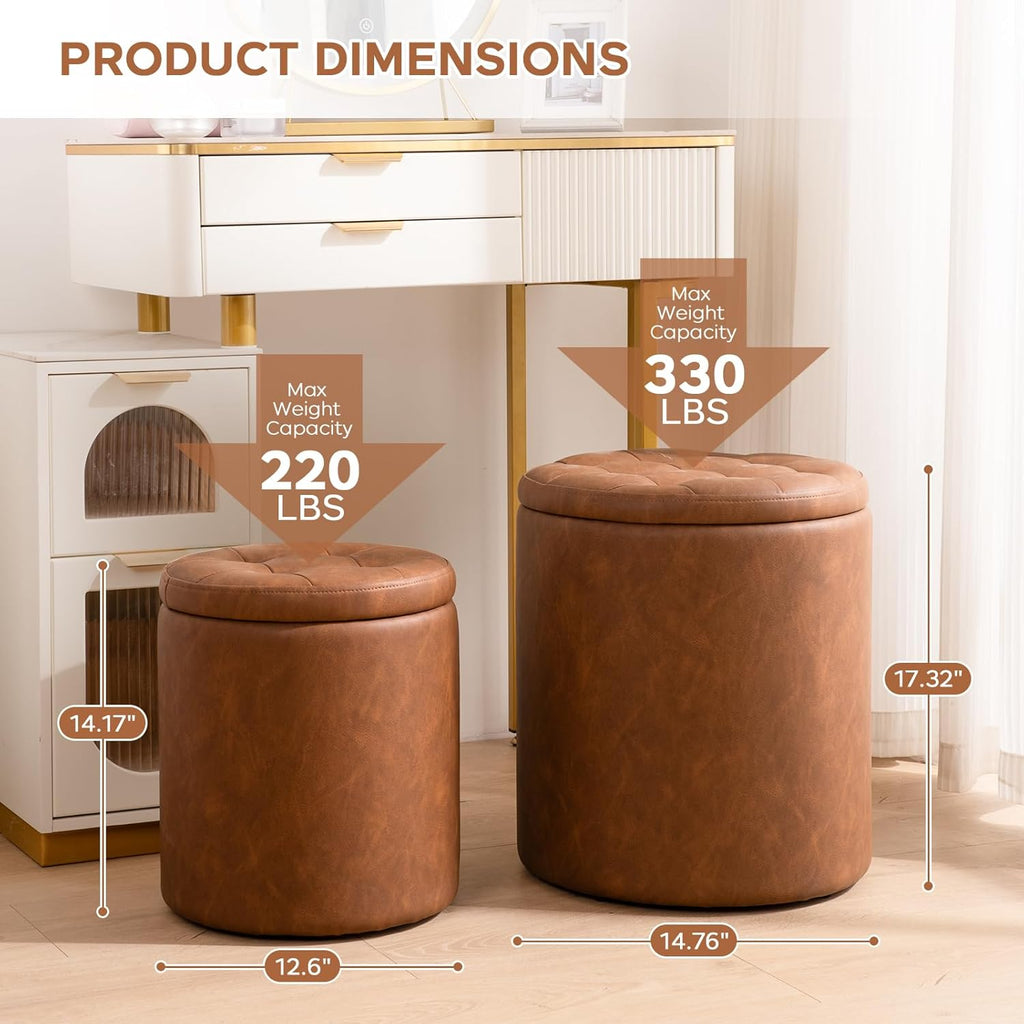 Round Ottoman with Storage Set of 2, 12.6"W x 14.17"H & 14.76"W x 17.32"H Faux Leather Button Tufted Storage Ottoman, Boucle Vanity Stool Footrest Coffee Table for Living Room, Bedroom, Brown