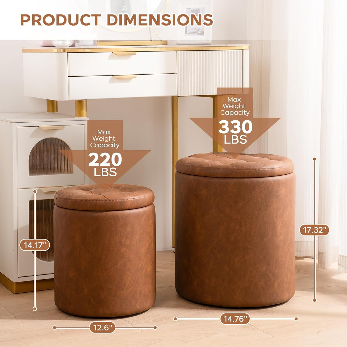 Round Ottoman with Storage Set of 2, 12.6"W x 14.17"H & 14.76"W x 17.32"H Faux Leather Button Tufted Storage Ottoman, Boucle Vanity Stool Footrest Coffee Table for Living Room, Bedroom, Brown