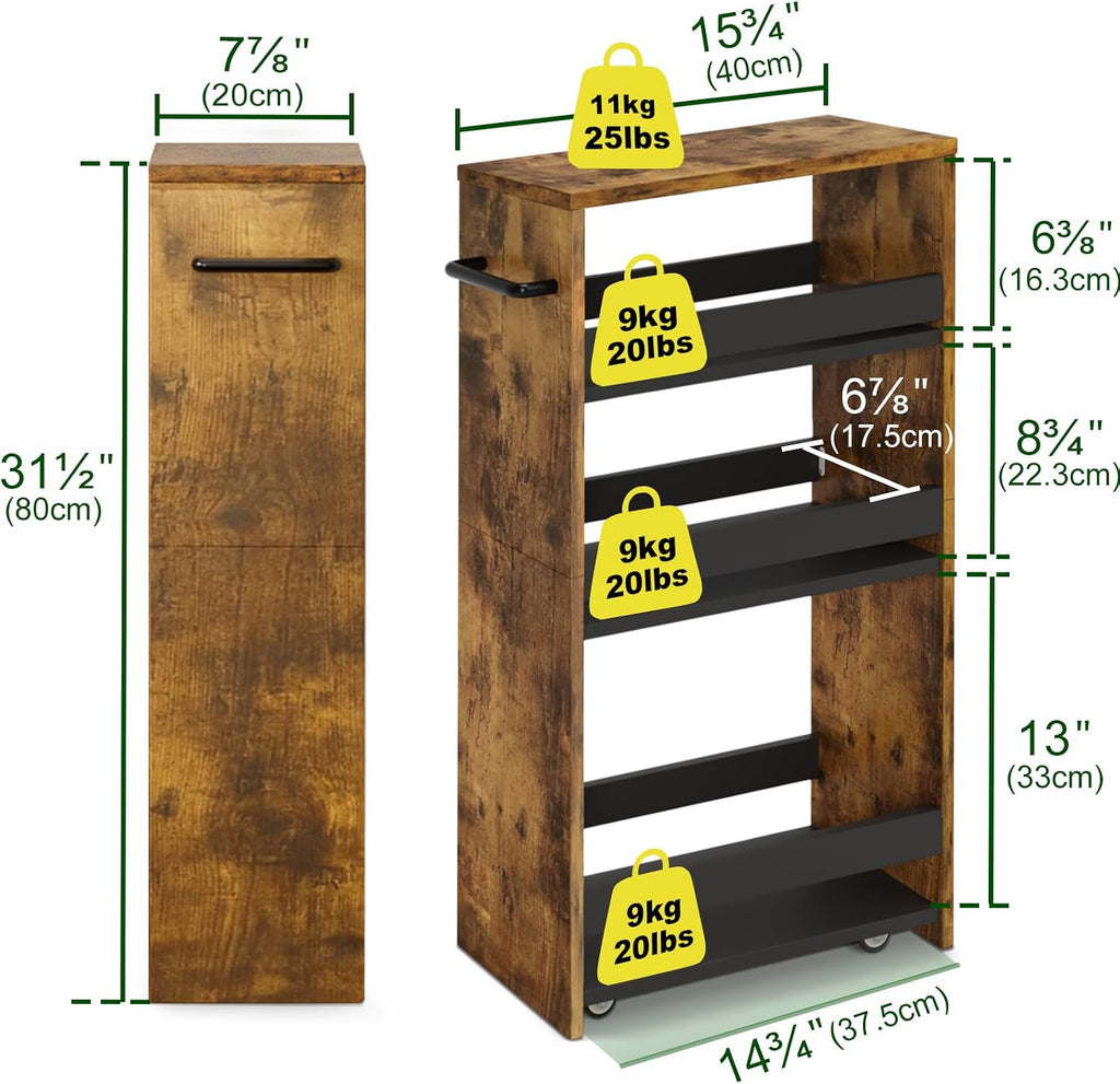 TEAMIX Slim Rolling Storage Cart, Wood 4-Tier Narrow Kitchen/Laundry Cart