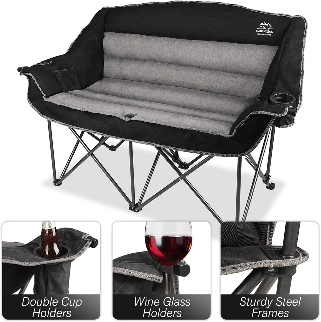 Fully Padded Folding Double Camping Chairs,Comfy Oversized Loveseat Lawn Chair w/Wine Glass Holder,Cup Holder,Heavy Duty Outdoor Portable Camp Couch Support 600 Lbs,Black