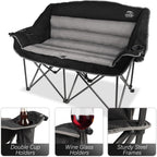 Fully Padded Folding Double Camping Chairs,Comfy Oversized Loveseat Lawn Chair w/Wine Glass Holder,Cup Holder,Heavy Duty Outdoor Portable Camp Couch Support 600 Lbs,Black