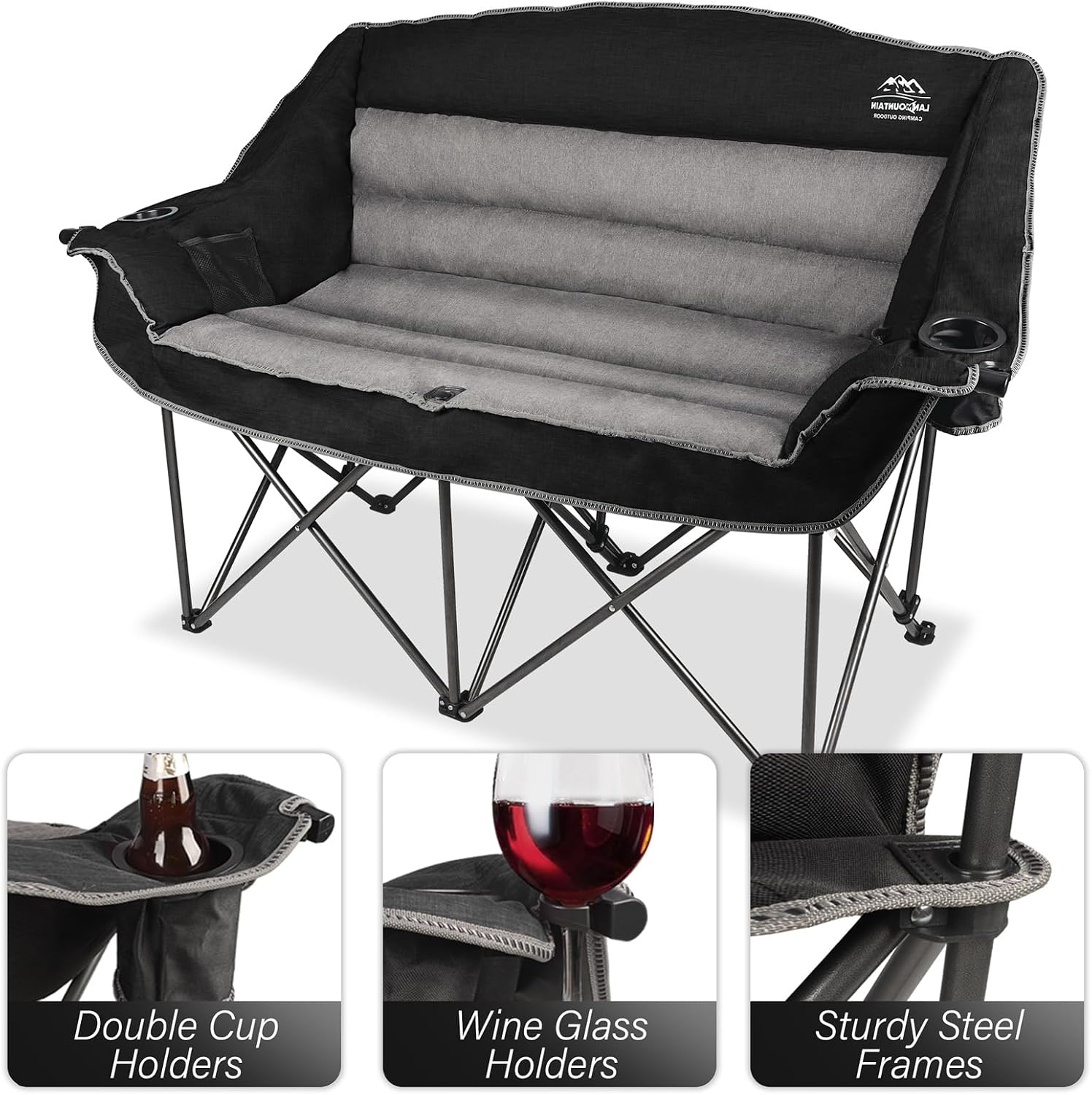 Fully Padded Folding Double Camping Chairs,Comfy Oversized Loveseat Lawn Chair w/Wine Glass Holder,Cup Holder,Heavy Duty Outdoor Portable Camp Couch Support 600 Lbs,Black