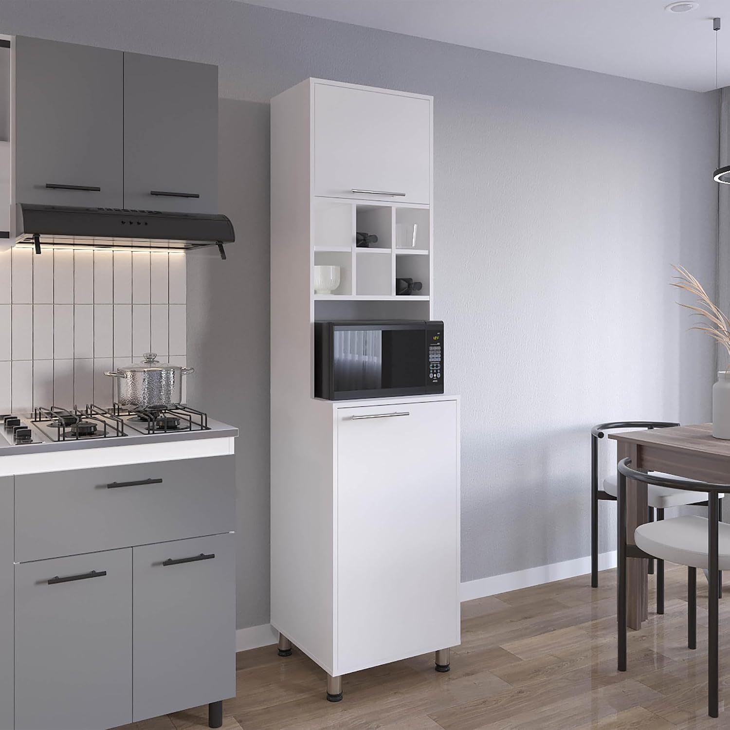 Kitchen Pantry with 2 Doors 4 Legs 8 Shelves White | FSC and CARB compliant engineered wood construction