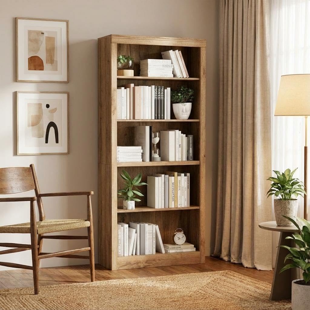 GarveeHome 71 in Tall Bookcase,Wooden Bookshelf with 5 Tiers, Modern Book Shelf in Swedish Oak, Floor Standing Display Shelves for Bedroom, Living Room and Office for Home