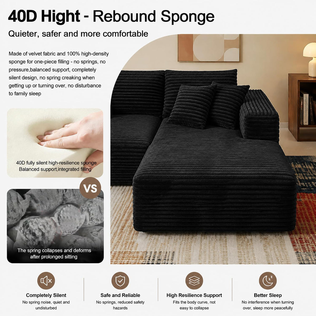 108" Modular Sectional Cloud Couch for Living Room Deep Seat L Shapes Couch with Oversized Chaise Lounge, Comfy Memory Foam Flannel Fabric Sofa for Bedroom Apartment, No Assembly Required