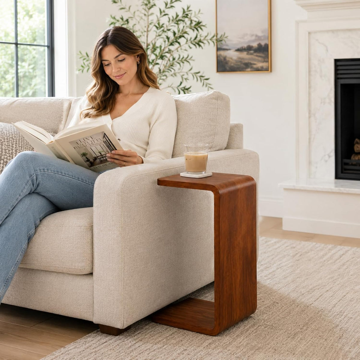 CHSSIH C Shaped End Table for Couch - Wooden Sofa Side Table, Slide Under Couch Table for Living Room, Bedroom, Laptop, Coffee, Small Space Narrow Furniture, Walnut
