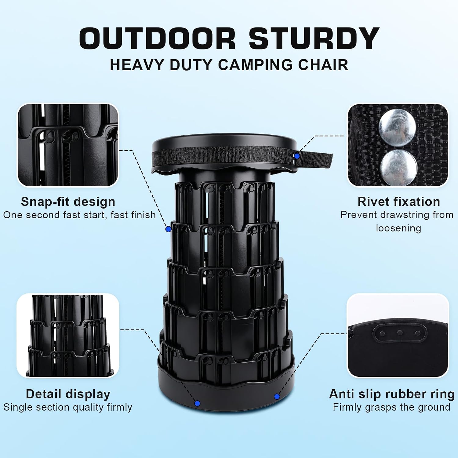 DecBeLiv Square Collapsible Stool with Carry Bag, 485 lbs Heavy Duty Retractable Folding Stool, Quick Telescoping Portable Seat for Adults for Camping Hiking Fishing BBQ Gardening Travel (Black)