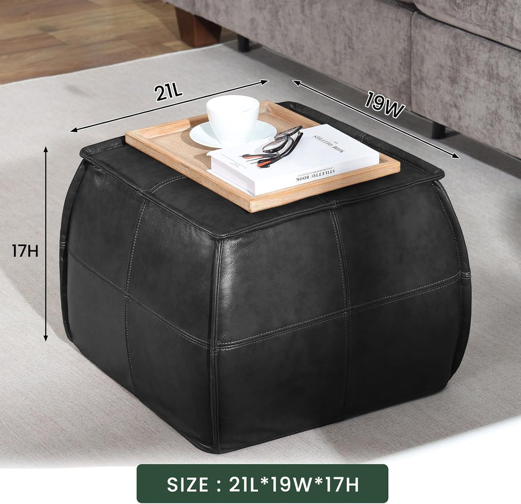Couchus Genuine Leather Ottoman, Square Pouf Footstool (Square, Black)
