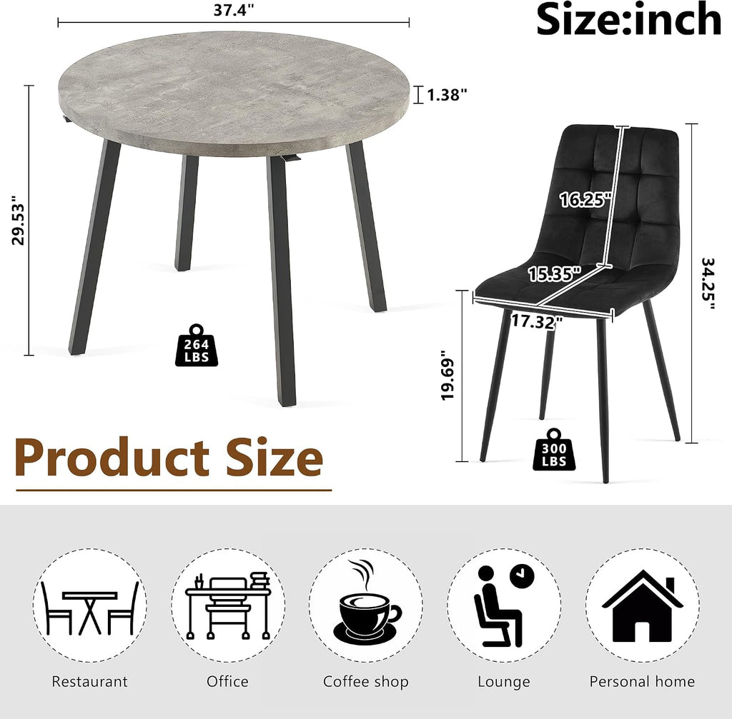 Homedot 5-Piece Round Dining Table Set for 4, 37-Inch Gray Kitchen Table with 4 Seated Black Dining Chairs Set for Apartment/Dining Hall, Compact Breakfast Nook Table Set