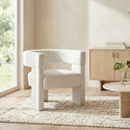 White Modern Accent Chair, Upholstered Barrel Armchair with Solid Wood Legs