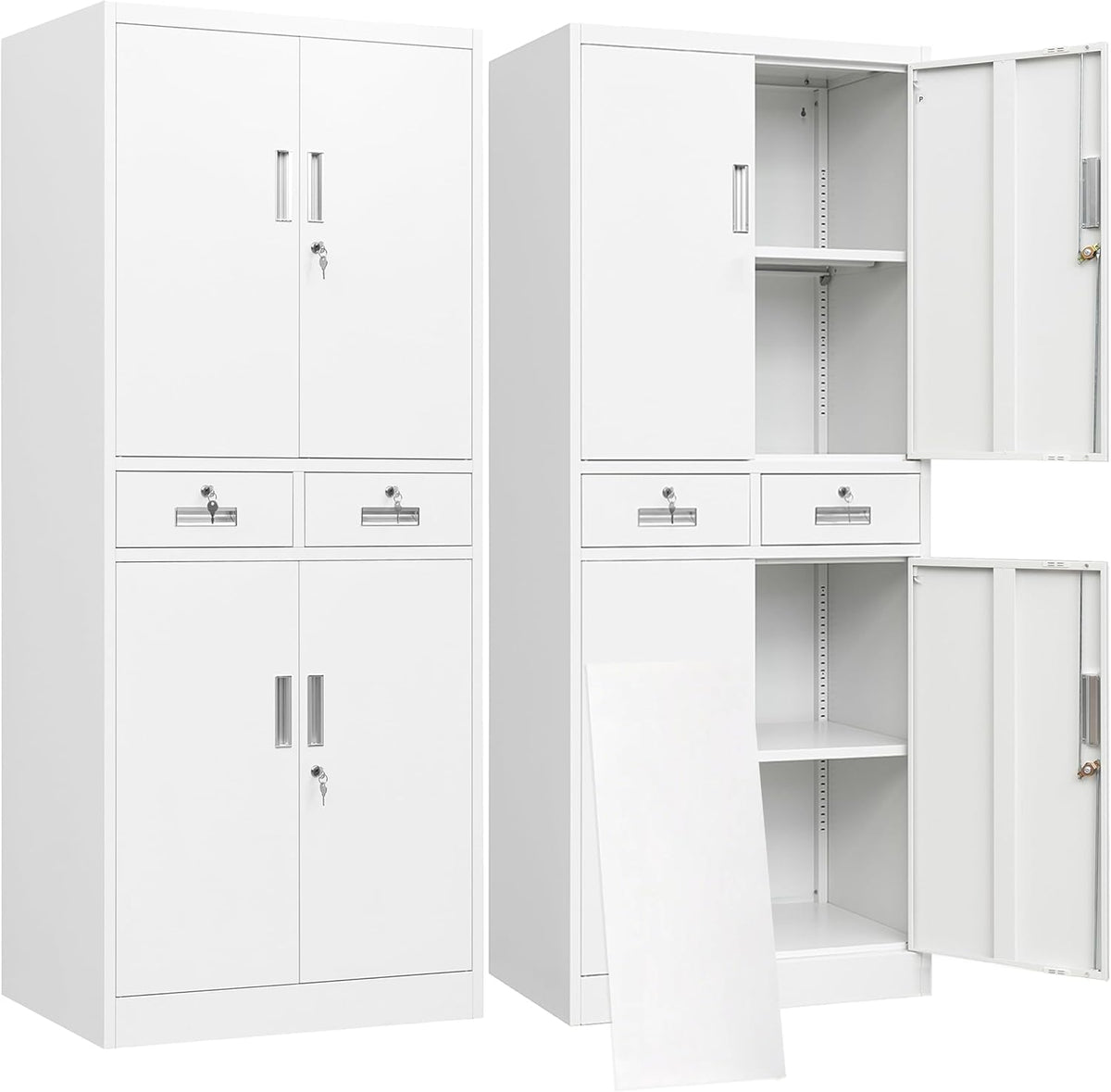 BESFUR Metal Storage Cabinet with 2 Drawers 4 Doors and 2 Adjustable Shelves Garage Storage Cabinet with Lock 71" Office Storage Cabinets Locking Cabinets for Garage Office Shop Home (White)