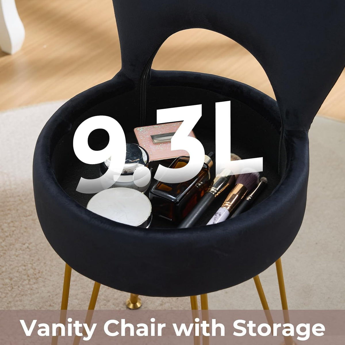 Velvet Black Small Vanity Chair & Stool - 13" Dx13 W Folding Back Storage Ottoman, Anti-Slip Golden V-Leg for Bedroom Makeup Room