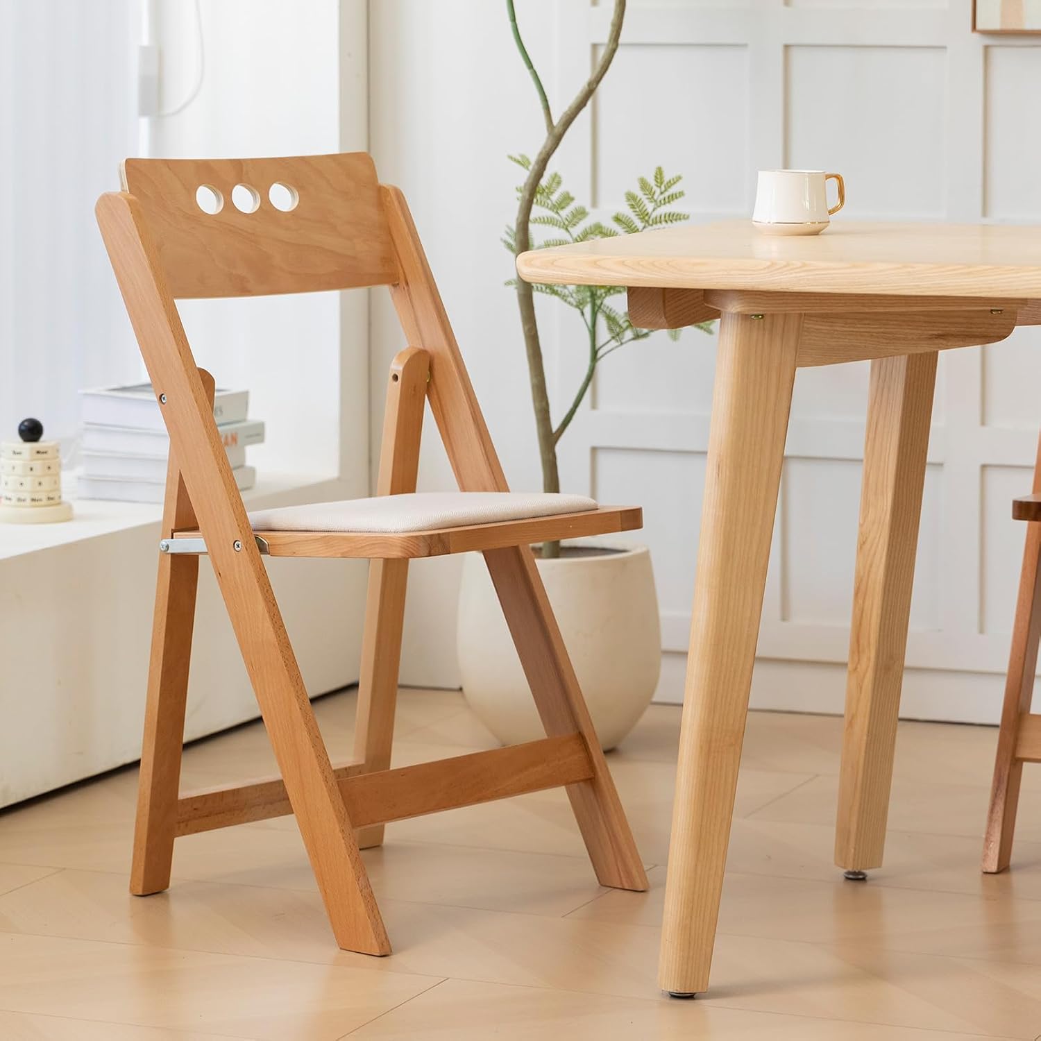 Wooden Folding Chair, Round Hole backrest,Natural Color,Set of 4 | Wooden folding chair with soft cushion, durable comfy, no assembly, ideal for home, wedding, banquet and indoor activities