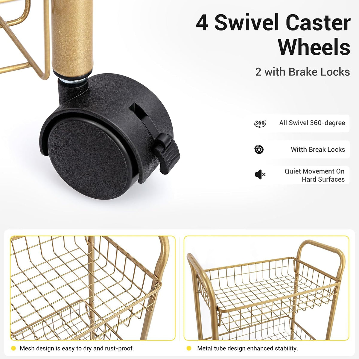 3 Tier Rolling Utility Cart, Storage Trolley Service Cart with Wheels Easy Assembly for Kitchen, Living Room, Office, Salon, Gold | Storage Trolley Service Cart with Lockable Wheels, Easy Assembly for Kitchen, Living Room, Office, Salon, Dorm