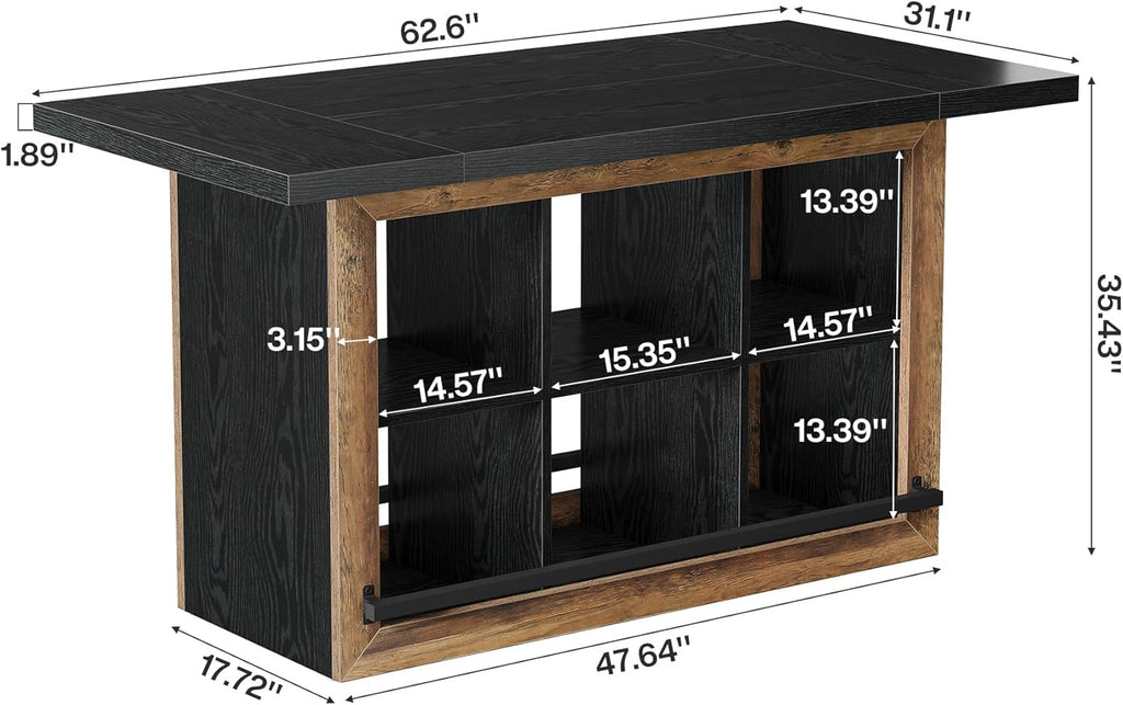 Tribesigns Kitchen Island with Storage, 62.6" Farmhouse Kitchen Island Table with 6-Cubby Open Shelves & Metal Foot Rail, Butcher Block Counter Height