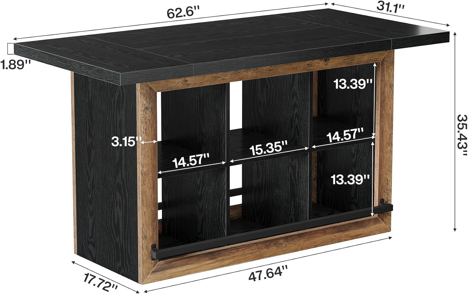 Tribesigns Kitchen Island with Storage, 62.6" Farmhouse Kitchen Island Table with 6-Cubby Open Shelves & Metal Foot Rail, Butcher Block Counter Height