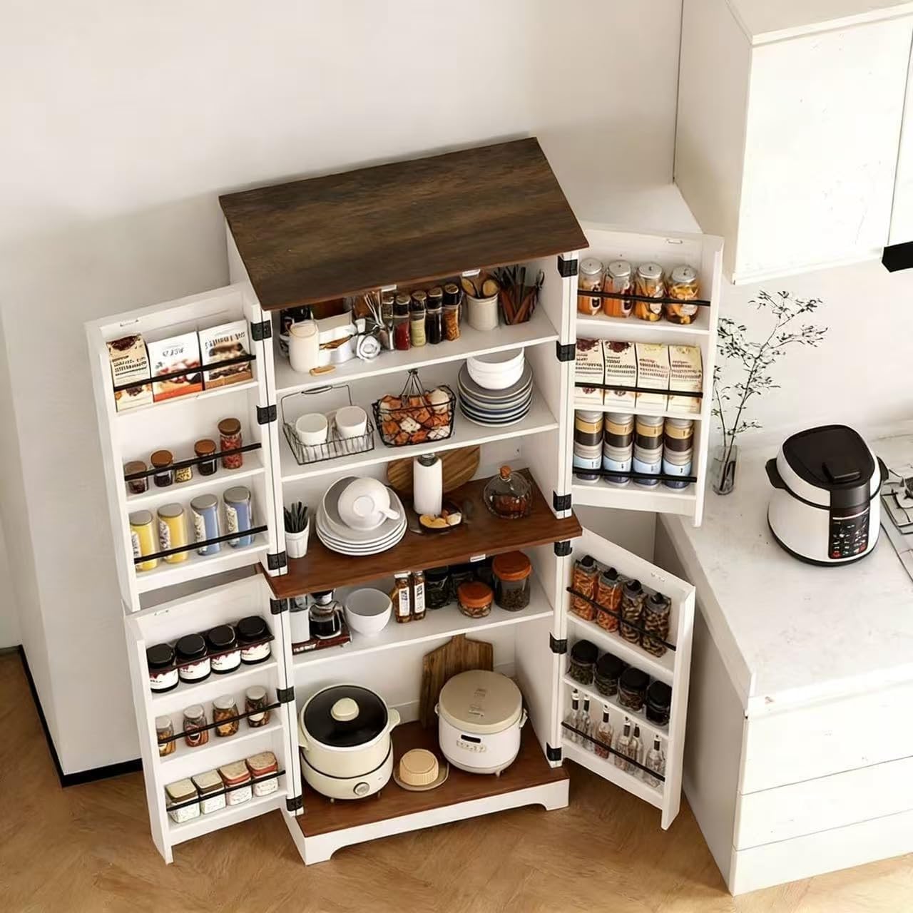 CypherX 75” Farmhouse Storage Cabinet, Large Kitchen Pantry Storage Cabinet with Adjustable Shelves and Barn Doors, Versatile Storage Cupboard for Dinning Room, Bathroom, Living Room, Antique White