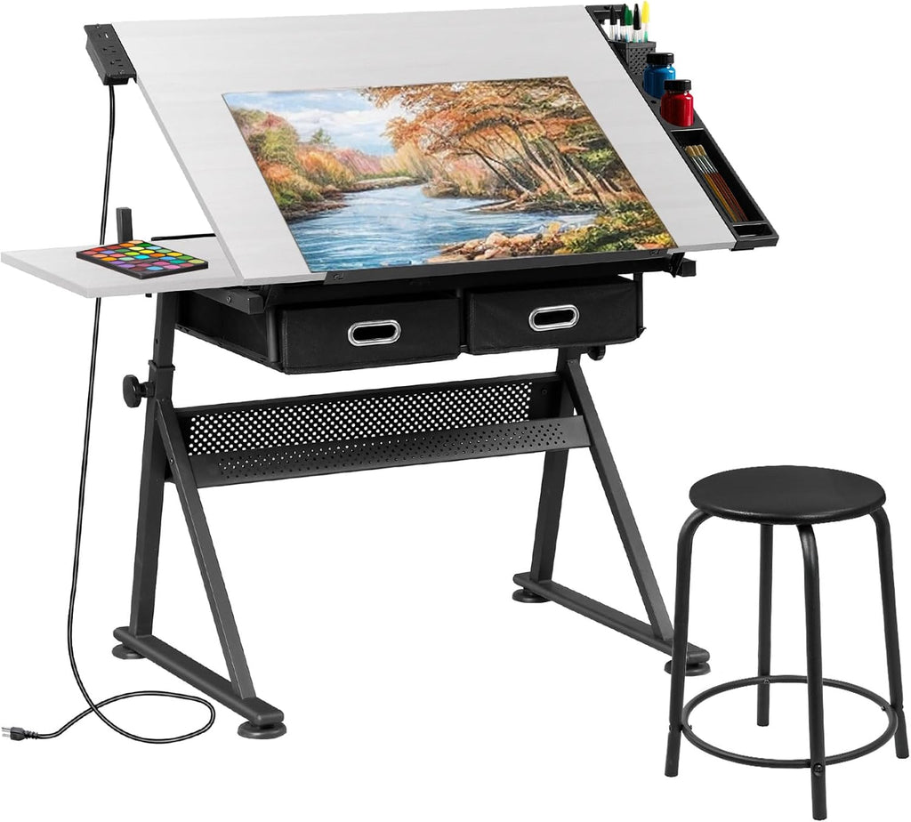 SUPER DEAL Adjustable Drafting Table Set with Charging Station, Tilting Drawing Desk Artist Desk with Stool Multifunctional Art Craft Workstation with 2 Storage Drawers, White