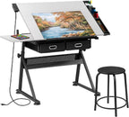 SUPER DEAL Adjustable Drafting Table Set with Charging Station, Tilting Drawing Desk Artist Desk with Stool Multifunctional Art Craft Workstation with 2 Storage Drawers, White