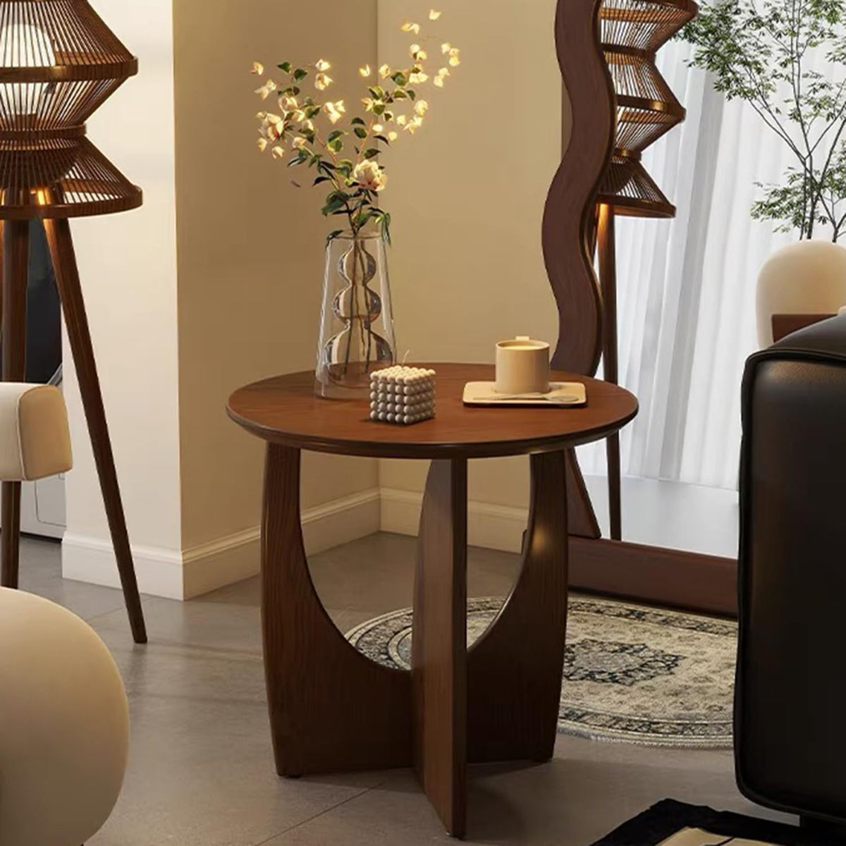 YUNMUAIR-Solid Wood Side Table Round End Table in Walnut Finish Wood Tabletop & Frame 19.68" Tall Farmhouse Side Tables Nightstand for Living Room,Bedroom,Brown