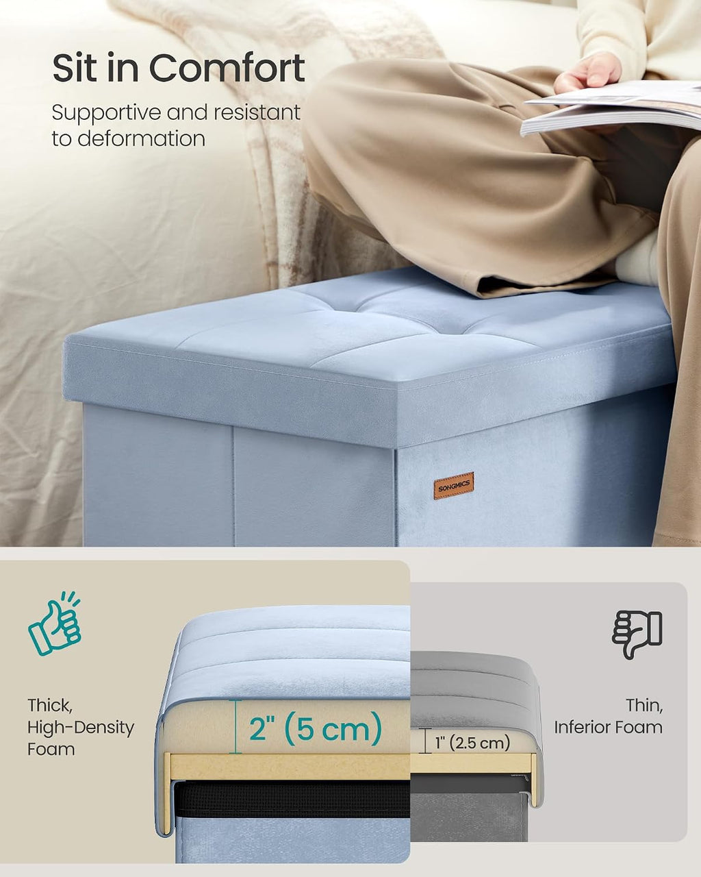 SONGMICS Foldable Storage Ottoman with Flipping Lid, 43.3 Inch Velvet Bench | Coffee Table, Folding Storage Bench for Bedroom, Entryway Shoe Bench, Pale Blue, MINOTA Collection ULSF078QQ03