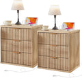 LEYAOYAO 23" Wide Fluted Farmhouse Night Stand Set of 2 with Charging Station, 3 Drawers Large End Table w/Metal Handle, Natural Nightstand Bedside Table,Wood Dresser for Bedroom, Closet