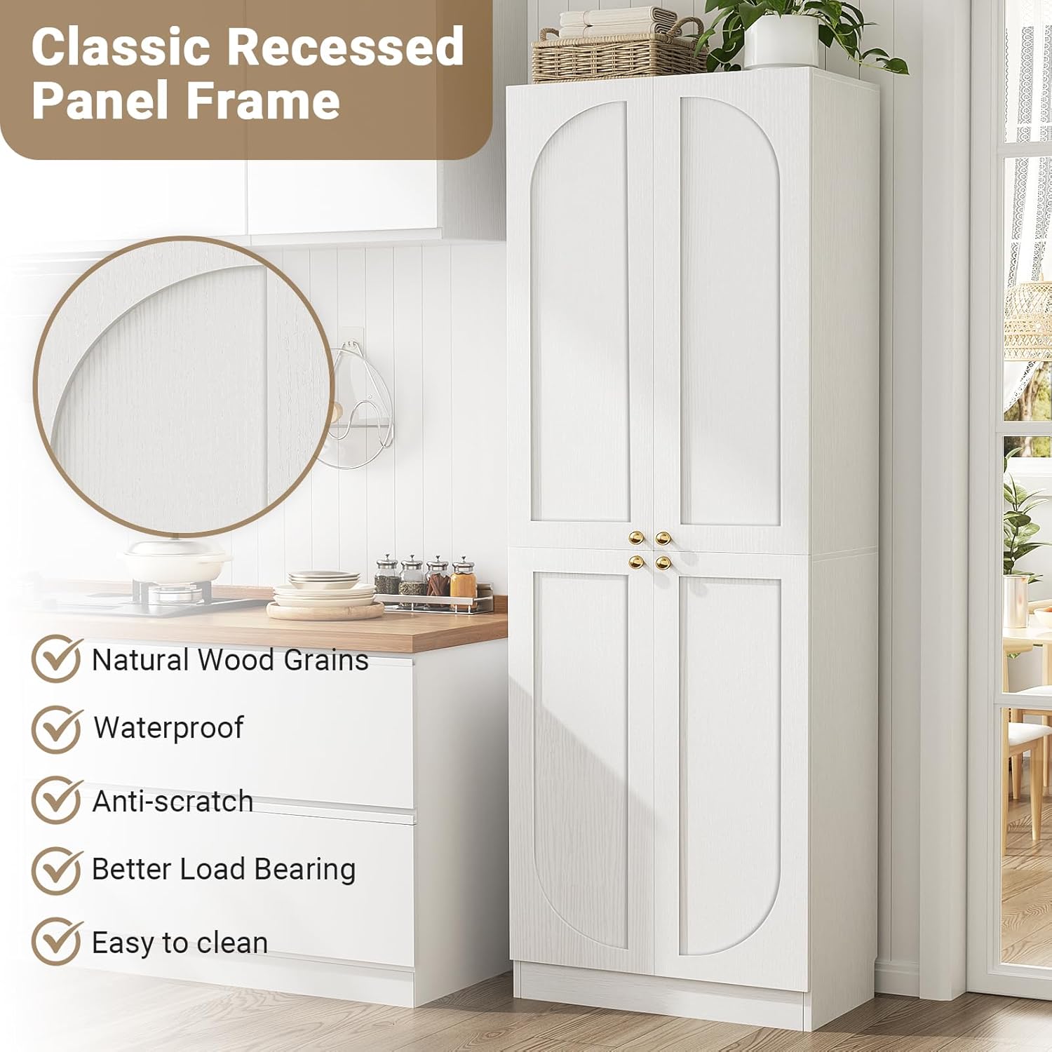 Cyclysio 80" Kitchen Pantry with 4 Soft Close Doors, Seamless Fit Wall | Extra Tall Arch Storage Cabinet with Adjustable Shelves, Freestanding Wood Cupboard for Dining Living Room Bathroom Furniture