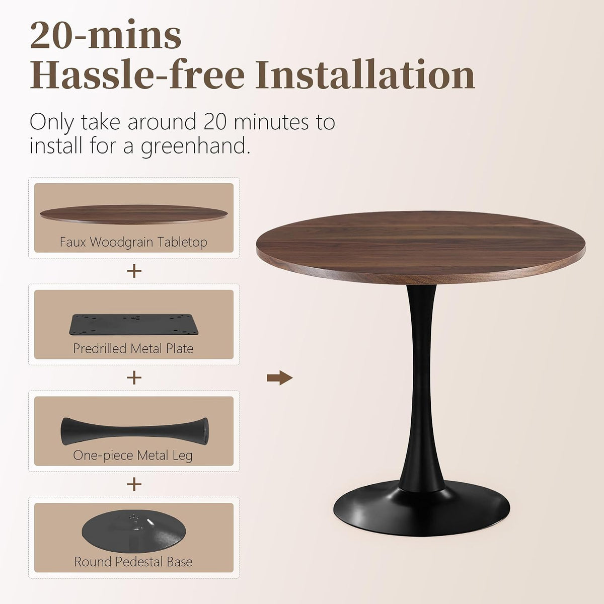 24 Inch Round Dining Table,Mid-Century Tulip Table with Metal Pedestal Base,Modern Leisure Table for Small Space Kitchen Dining Room,Easy Assembly,Walnut and Black