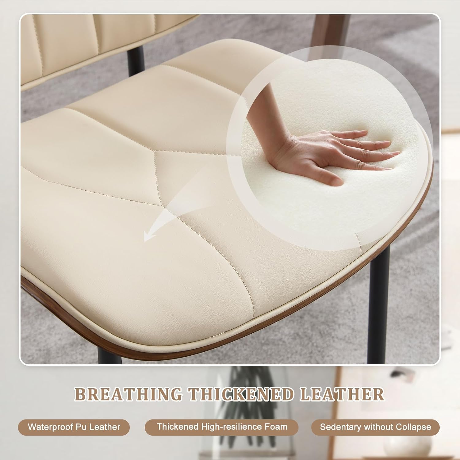 BV Mid Century Dining Chairs Set of 4, PU Leather Bentwood, Beige | Upholstered PU leather seat with walnut bentwood back, armless, retro mid-century style for kitchen, dining & living room