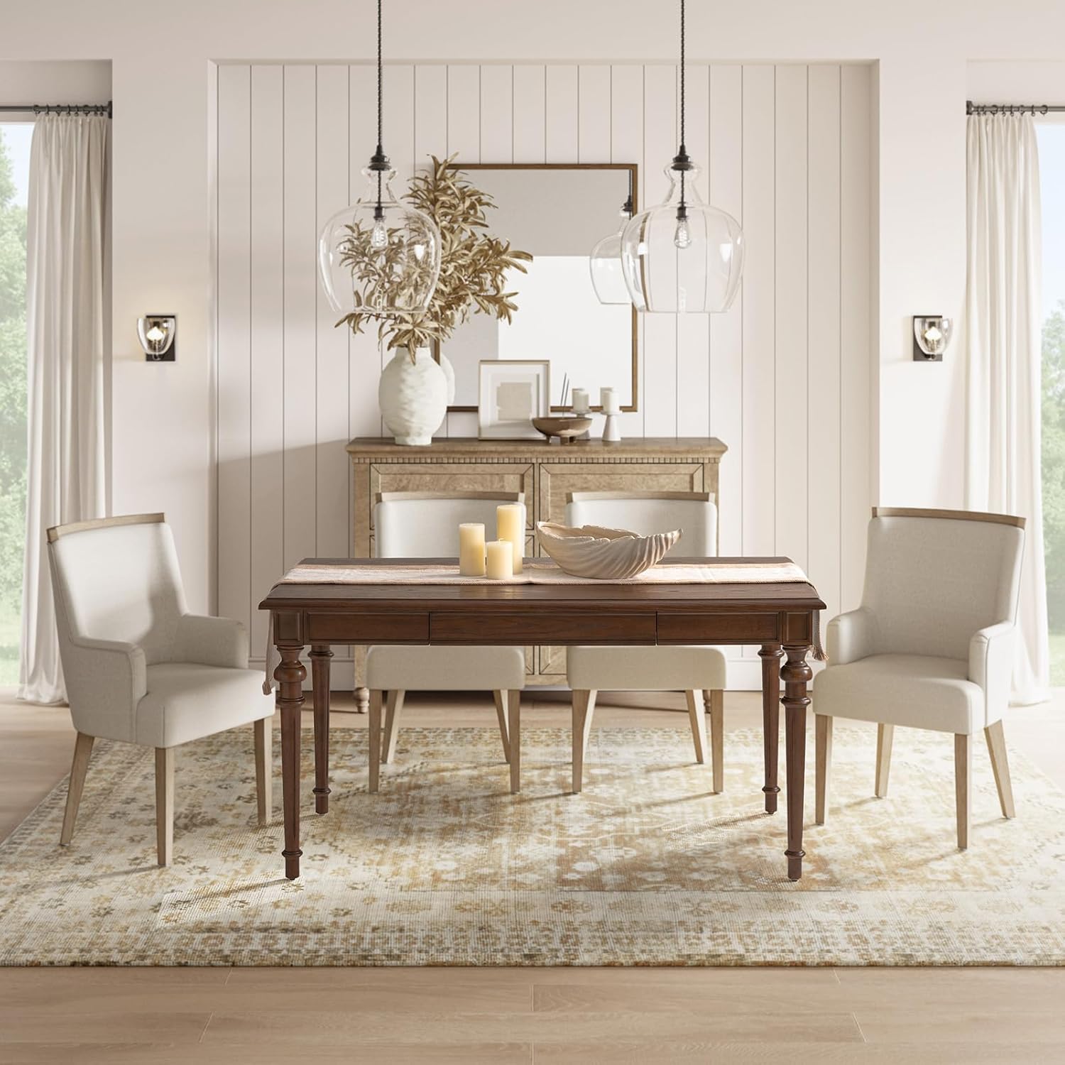 HULALA HOME 60" Farmhouse Solid Wood Dining Room Table for 6 with Drawers, Traditional Kitchen Wooden Table with Spindle Legs, Walnut