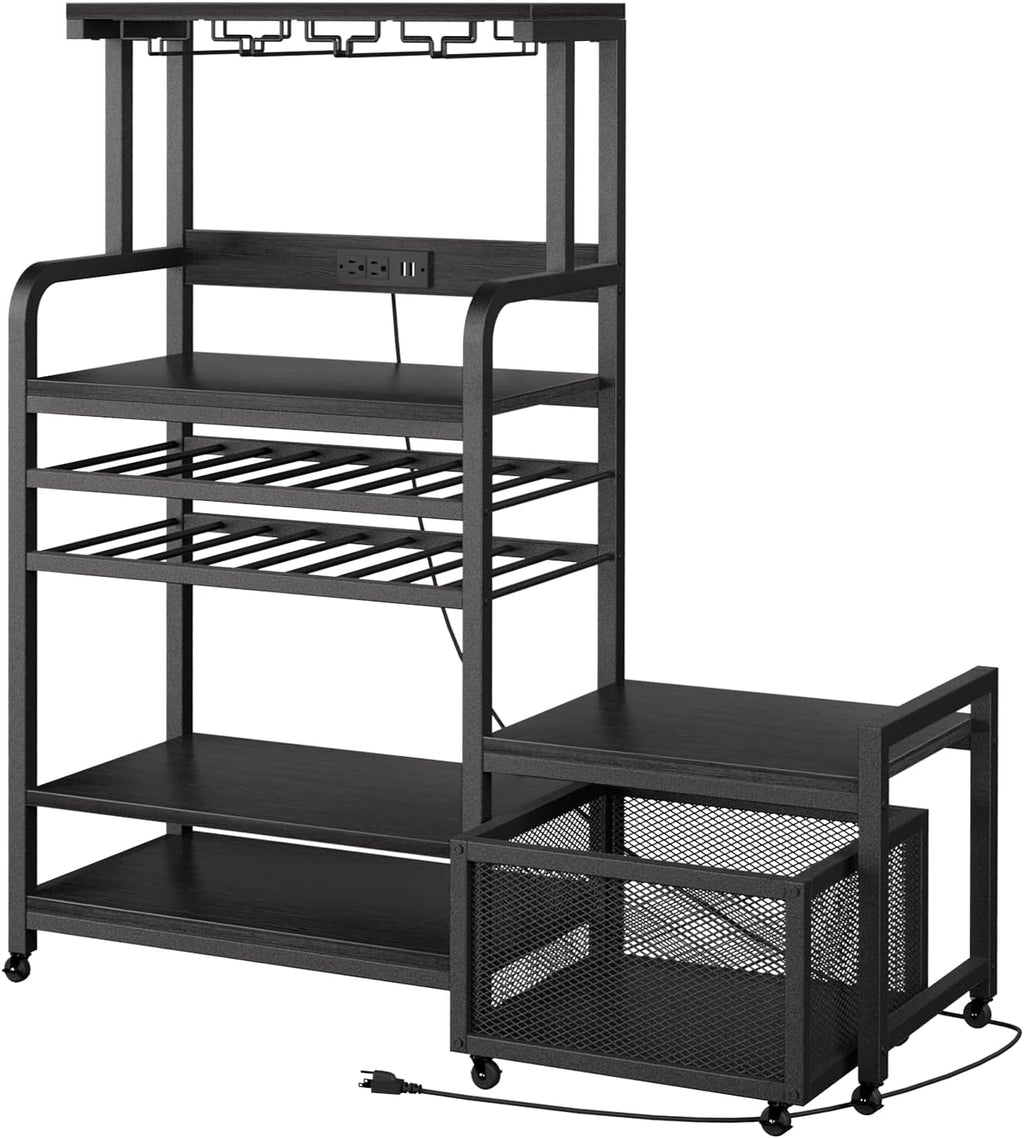 Mini Fridge Stand with Power Outlet, Microwave Stand with Wine Rack, Coffee bar with Removable Storage Baskets, Suitable for Dorm, Kitchen, Dining Area, Black