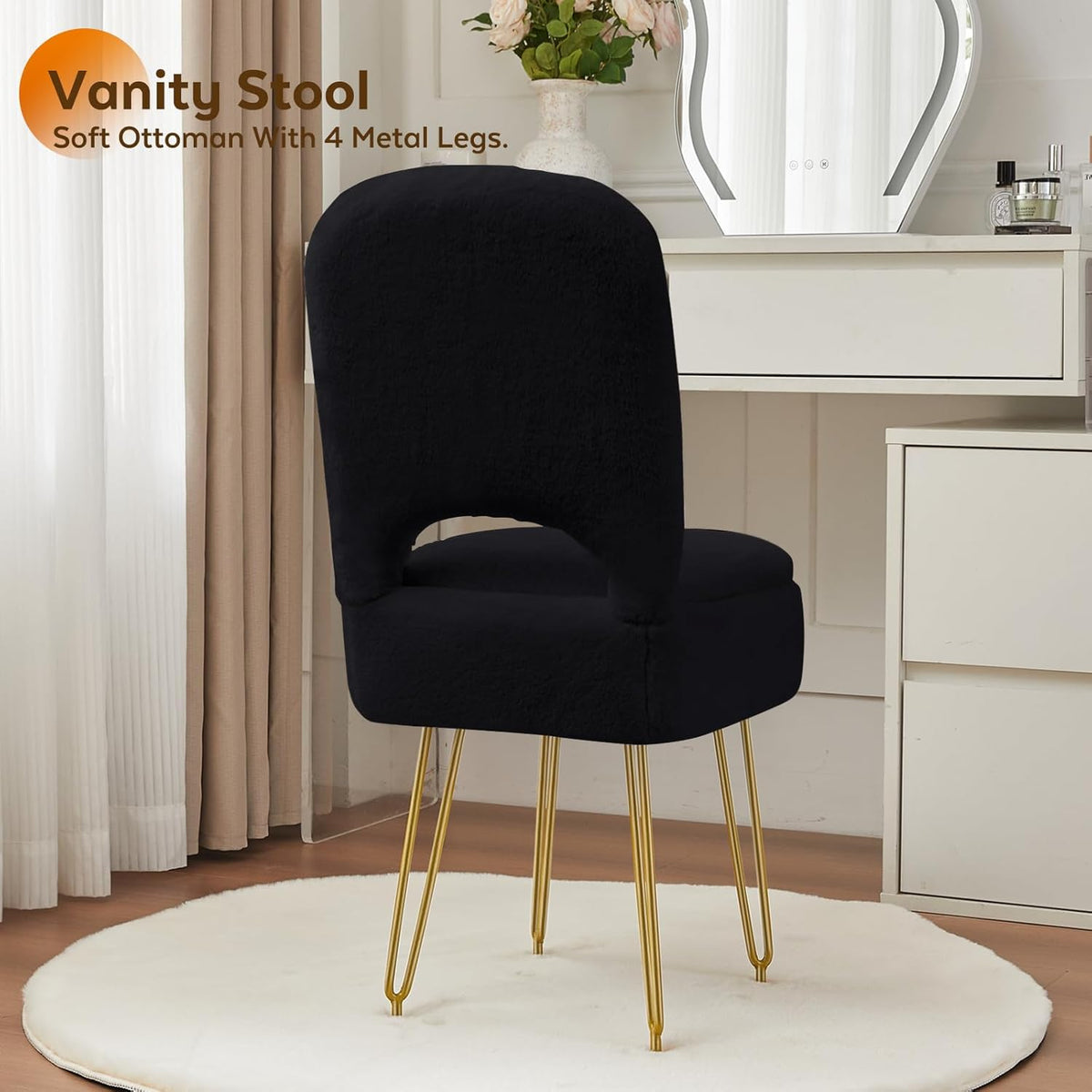 BRIAN & DANY Vanity Chair with Storage and Folding Back, Faux Fur Square Storage Chair, Vanity Stool Chair with 4 Metal Legs for Bedroom, Living Room and Makeup Stations, 13.4"x 15"x 30", Black